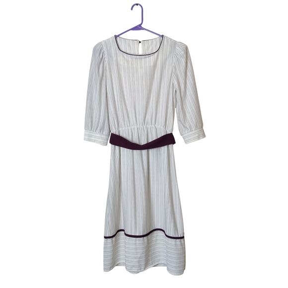 Vintage 70s White Brown Stripe 3/4 Sleeve Cottagecore Prairie Peasant Dress M/L - Picture 1 of 14